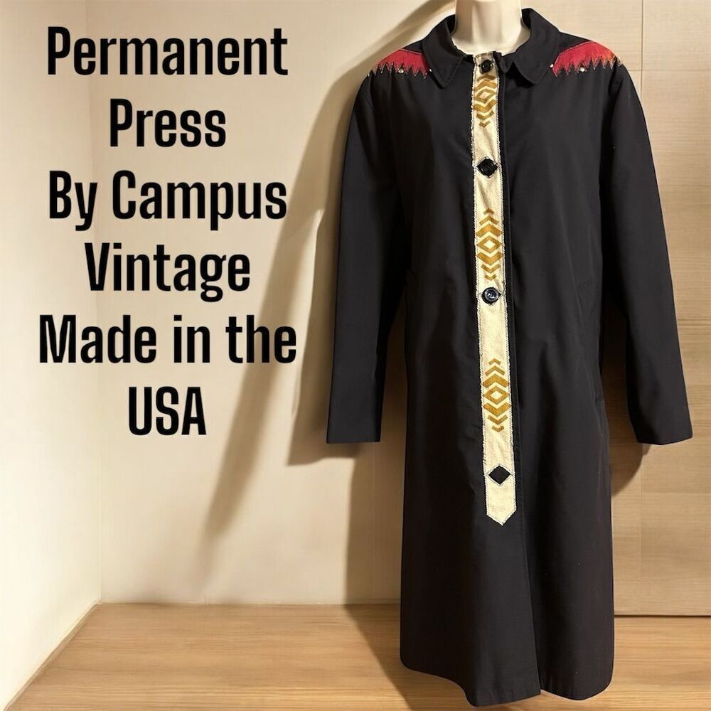 Vintage Campus Permanent Press Black Unisex Southwestern Embellished Trench Coat - Picture 2 of 16